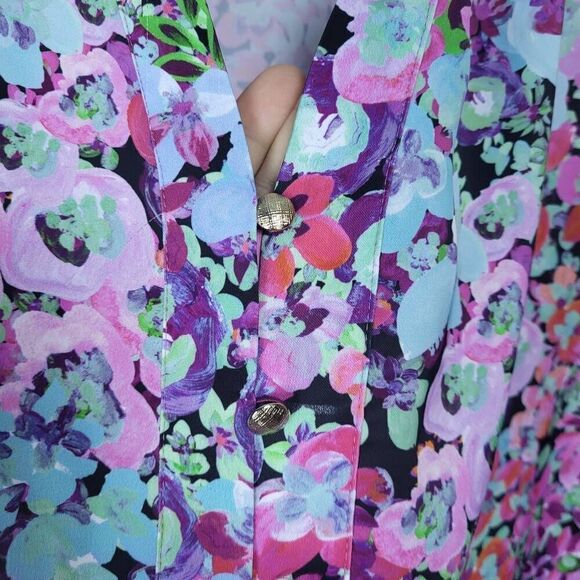 Zara Womens Floral Button Front Top Pink Large V Neck Long Sleeve Satin Colorful - Picture 4 of 8